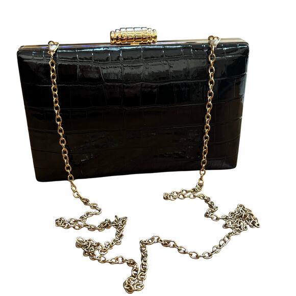 Vintage 1990’s black patent box style evening bag purse moc croc texture clutch - Picture 1 of 8